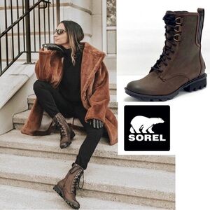 Sorel Phoenix Waterproof Leather Combat Boots Woman Casual Brown Lace-up sz 9.5